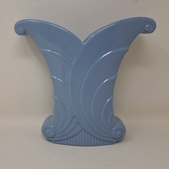 Vintage Abingdon Pottery USA Blue Art Deco Flared Leaf Scrolled Vase 9" #513 - Picture 1 of 9
